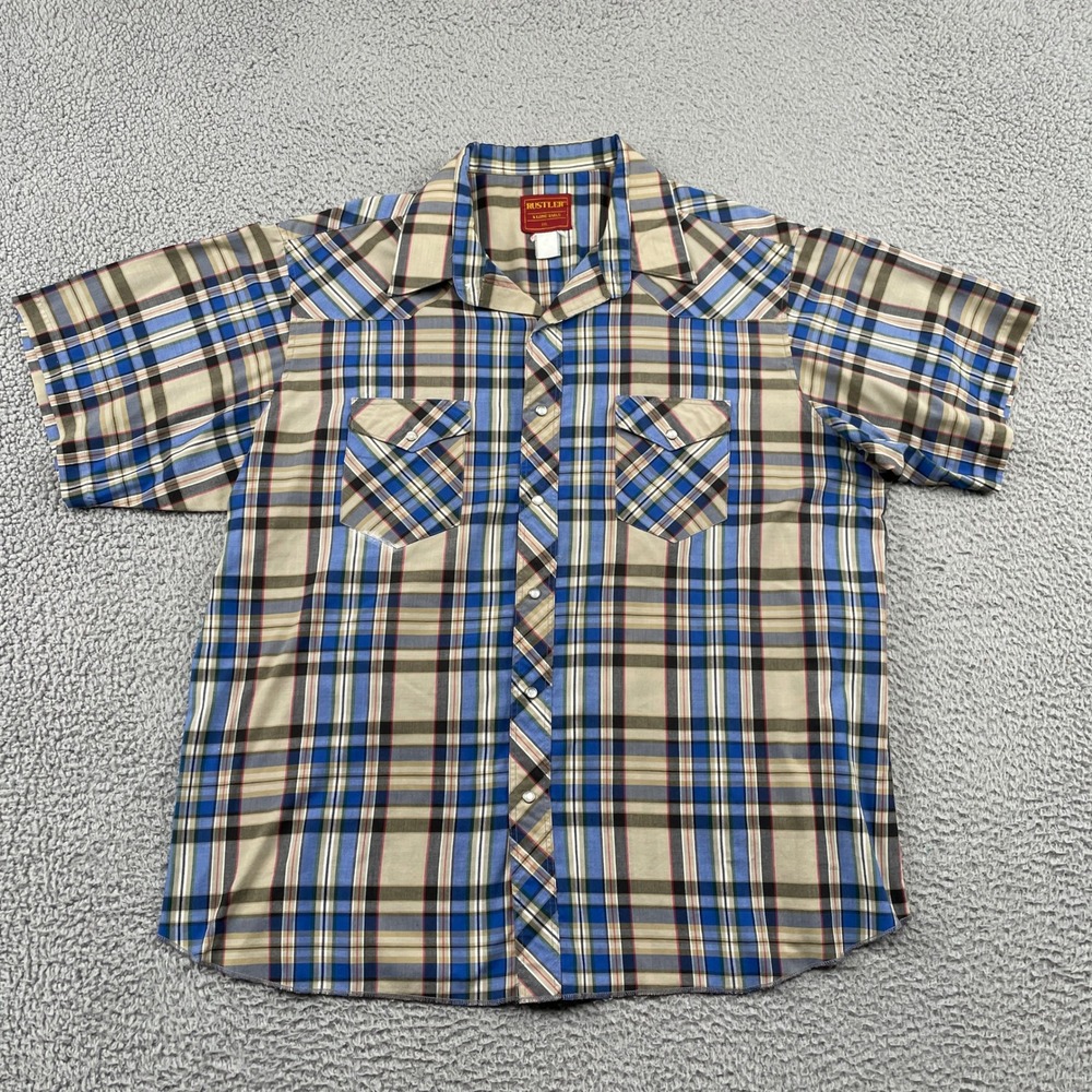 Rustler Shirt Mens XXL Blue Plaid X-Long Tails Western Pearl Snap‎ Short Sleeve